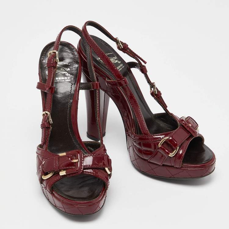 Pre Owned Burberry Burgundy Quilted Patent Leather Buckle Detail Platform Slingback Sandals Size 37
