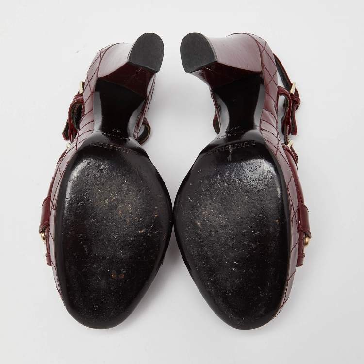 Pre Owned Burberry Burgundy Quilted Patent Leather Buckle Detail Platform Slingback Sandals Size 37