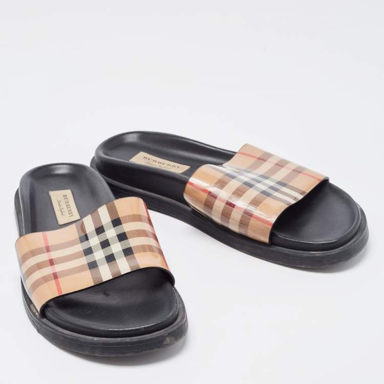 Pre Owned Burberry Beige PVC Nova Check Flat Slides Size 38