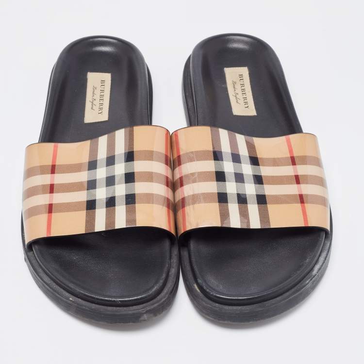 Pre Owned Burberry Beige PVC Nova Check Flat Slides Size 38