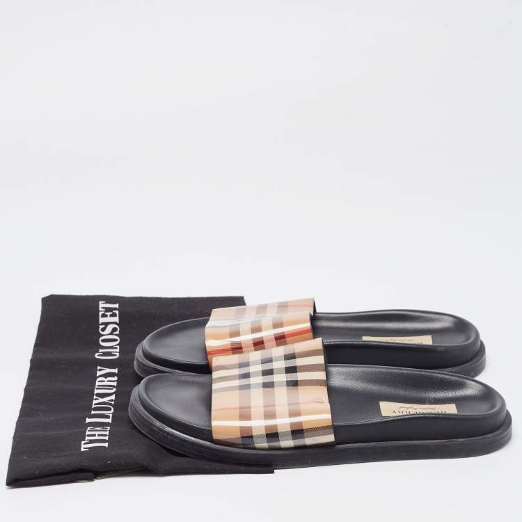 Pre Owned Burberry Beige PVC Nova Check Flat Slides Size 38
