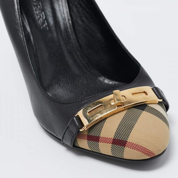 Pre Owned Burberry Black House Check Canvas and Leather Buckle Pumps Size 37