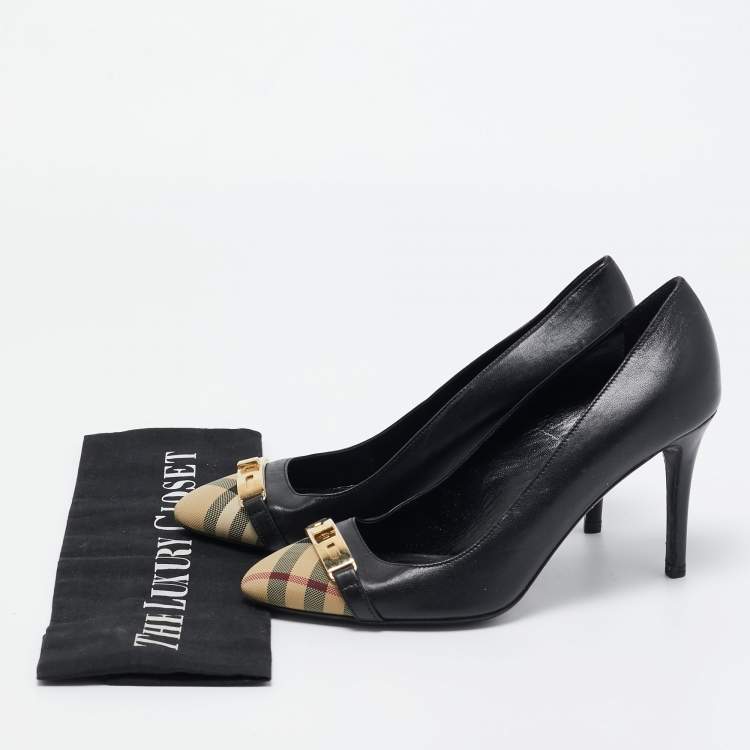 Pre Owned Burberry Black House Check Canvas and Leather Buckle Pumps Size 37