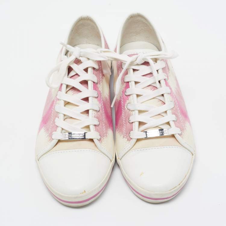 Pre Owned Burberry Pink/White Leather and Canvas Cap Toe Low Top Sneakers Size 41