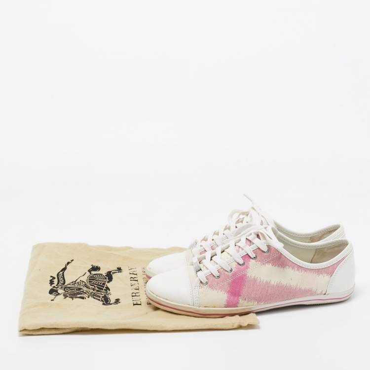 Pre Owned Burberry Pink/White Leather and Canvas Cap Toe Low Top Sneakers Size 41