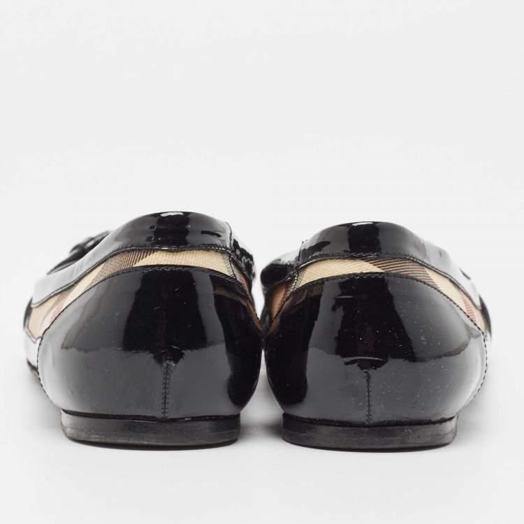 Pre Owned Burberry Black/Beige Nova Check PVC and Patent Leather Buckle Ballet Flats Size 38