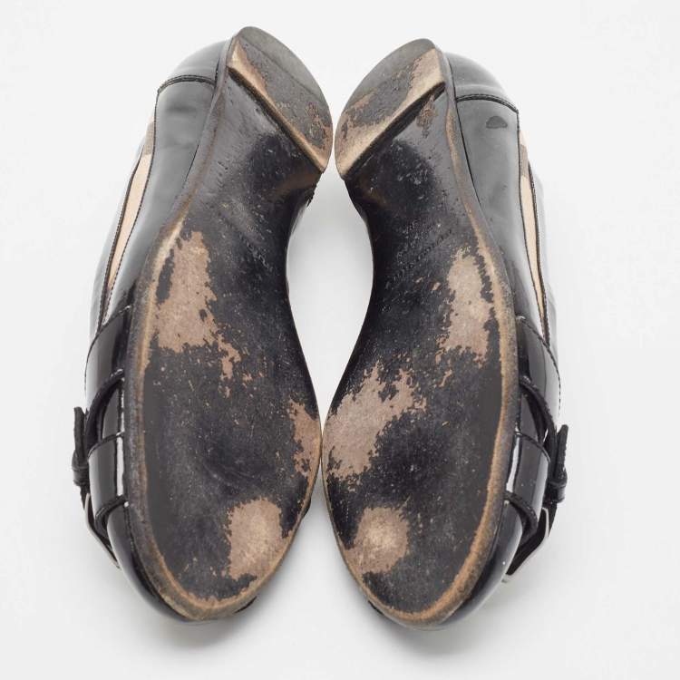 Pre Owned Burberry Black/Beige Nova Check PVC and Patent Leather Buckle Ballet Flats Size 38