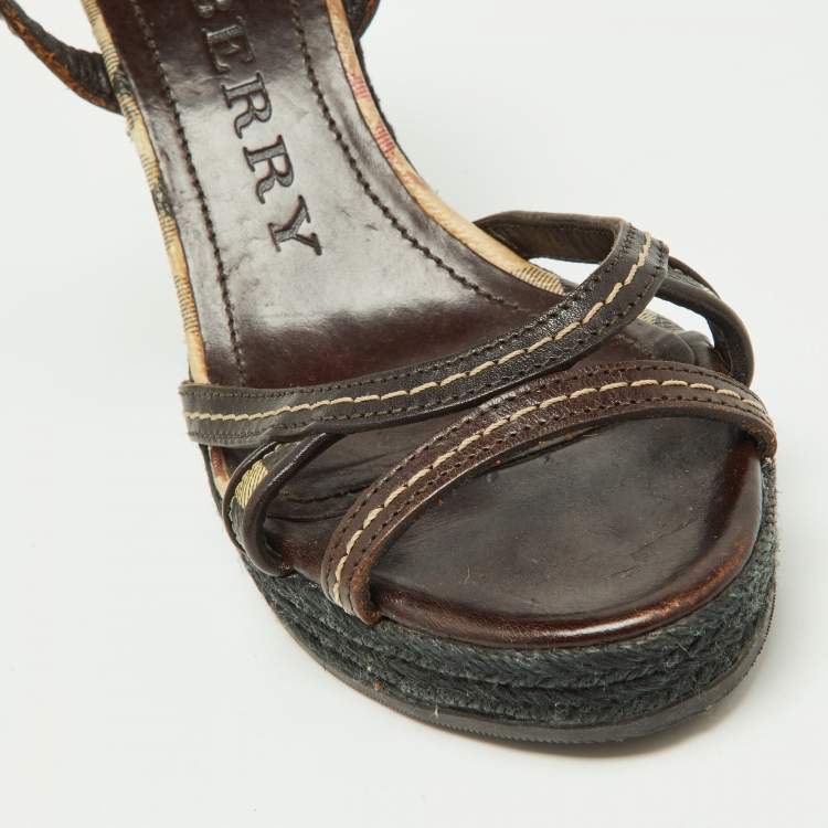 Pre Owned Burberry Dark Brown/Beige Check PVC and Leather Espadrille Wedge Sandals Size 38