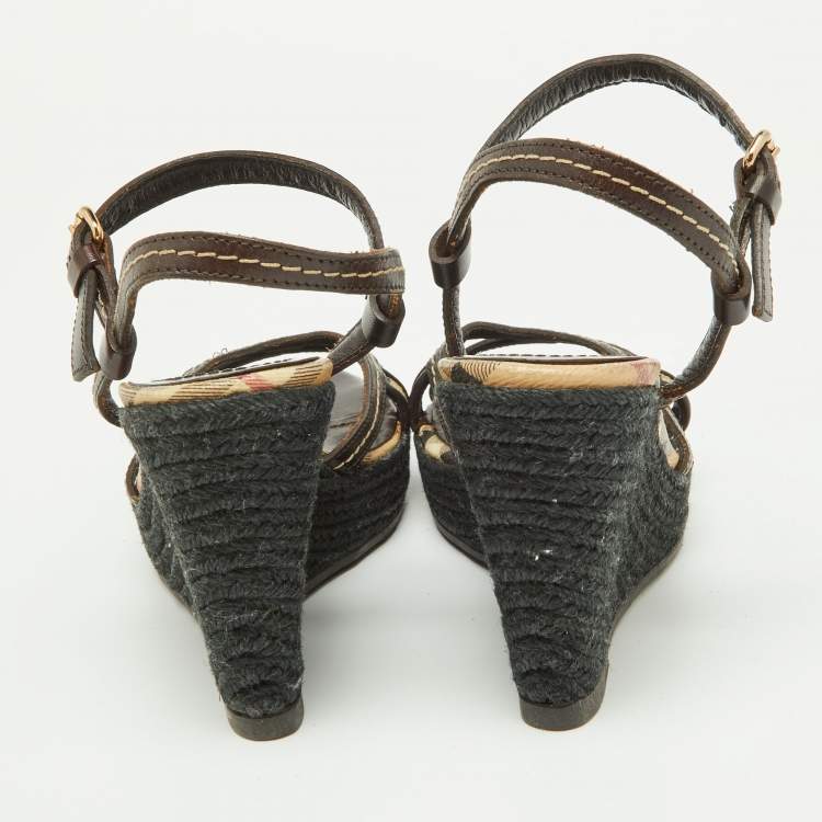 Pre Owned Burberry Dark Brown/Beige Check PVC and Leather Espadrille Wedge Sandals Size 38