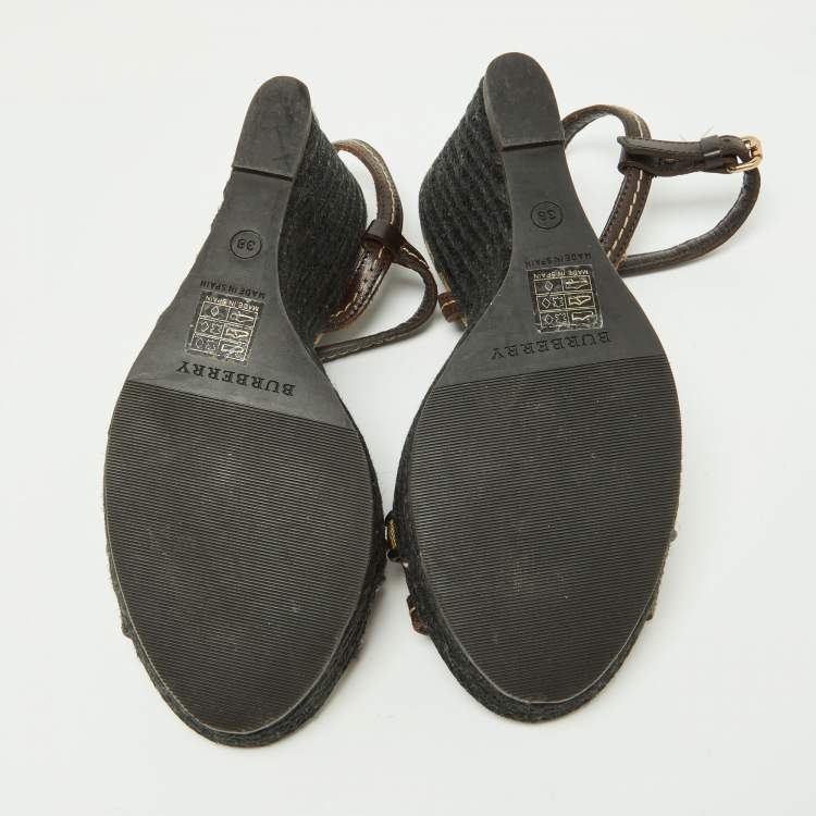 Pre Owned Burberry Dark Brown/Beige Check PVC and Leather Espadrille Wedge Sandals Size 38