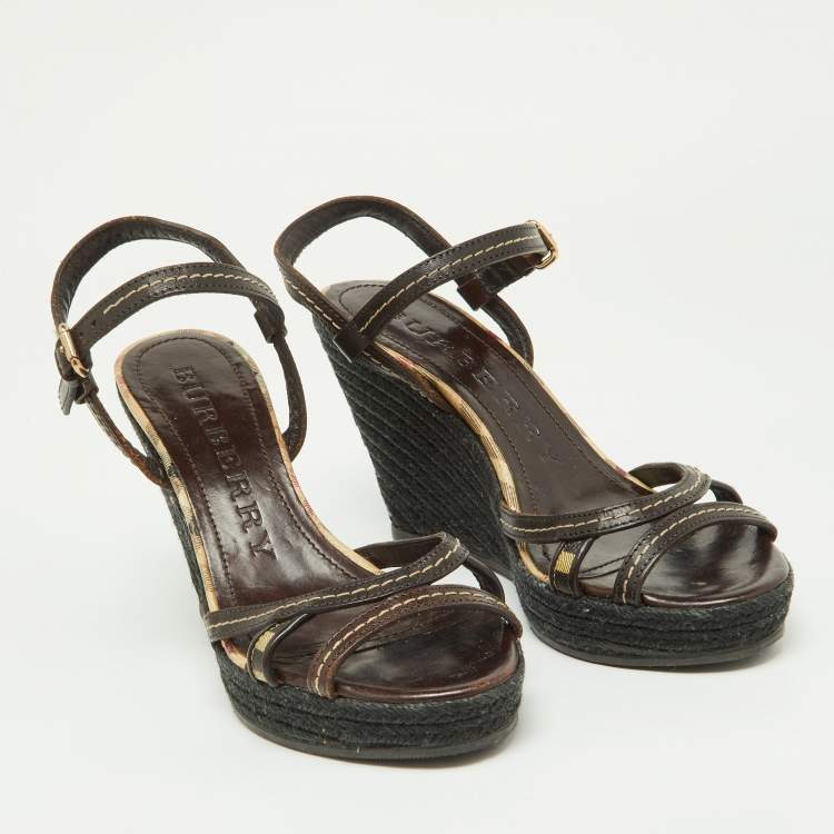 Pre Owned Burberry Dark Brown/Beige Check PVC and Leather Espadrille Wedge Sandals Size 38