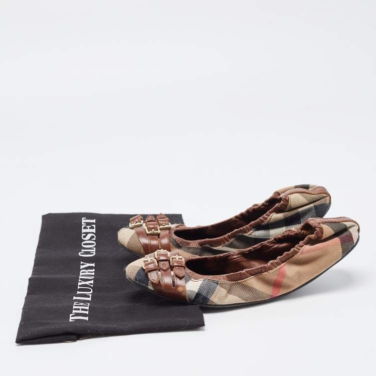Pre Owned Burberry Tricolor Leather and House Check Canvas Buckle Detail Scrunch Ballet Flats Size 38