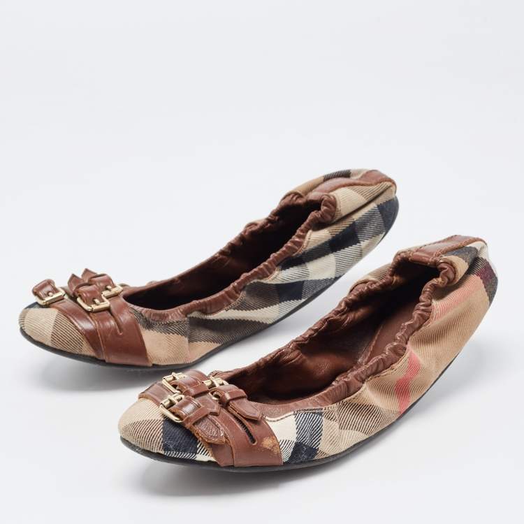 Pre Owned Burberry Tricolor Leather and House Check Canvas Buckle Detail Scrunch Ballet Flats Size 38