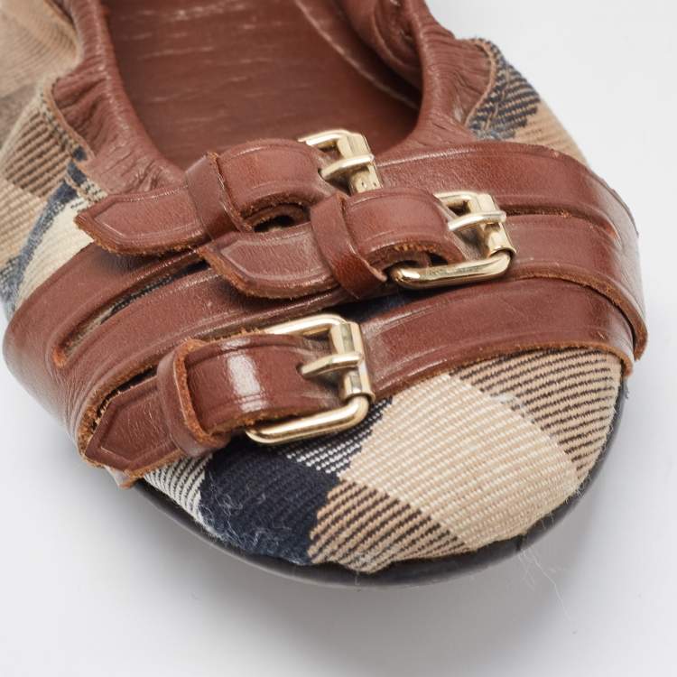 Pre Owned Burberry Tricolor Leather and House Check Canvas Buckle Detail Scrunch Ballet Flats Size 38