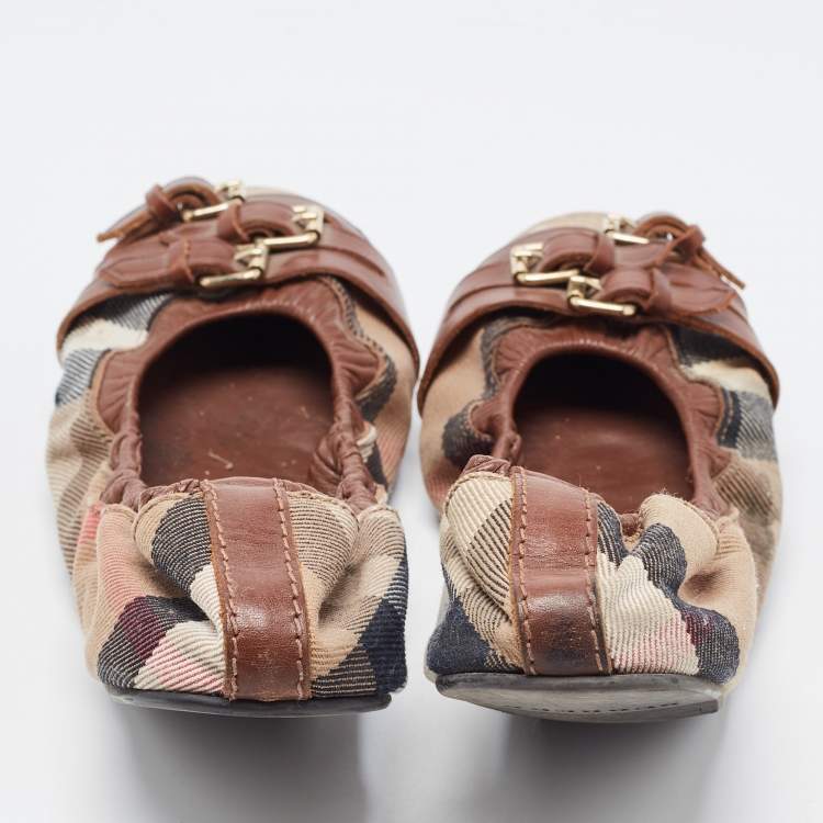Pre Owned Burberry Tricolor Leather and House Check Canvas Buckle Detail Scrunch Ballet Flats Size 38