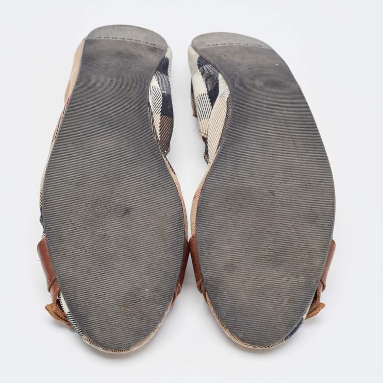 Pre Owned Burberry Tricolor Leather and House Check Canvas Buckle Detail Scrunch Ballet Flats Size 38