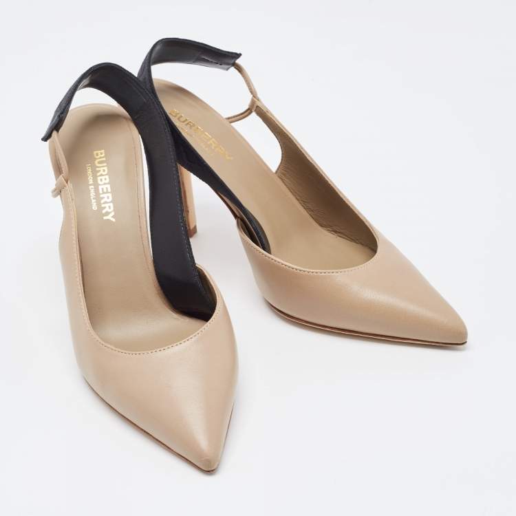 Pre Owned Burberry Brown Leather and Logo Canvas Maria Slingback Pumps Size 36