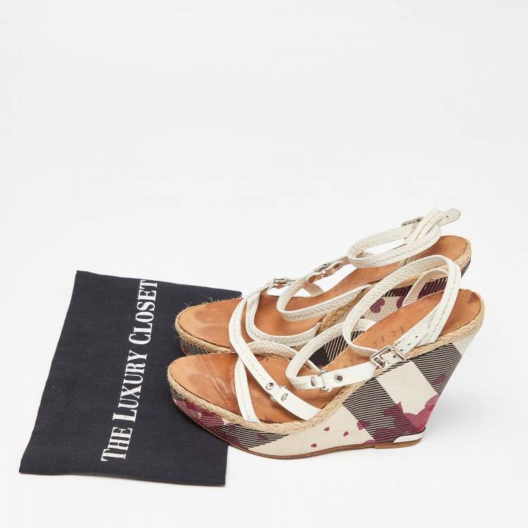 Pre Owned Burberry White Leather Supernova Check Canvas T Strap Wedge Sandals Size 39