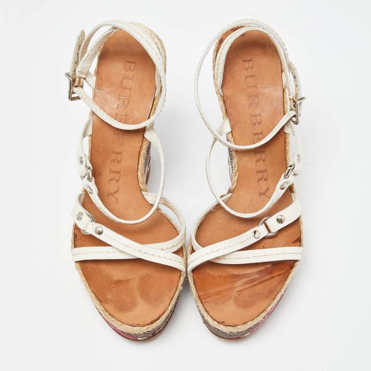 Pre Owned Burberry White Leather Supernova Check Canvas T Strap Wedge Sandals Size 39