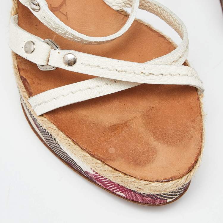 Pre Owned Burberry White Leather Supernova Check Canvas T Strap Wedge Sandals Size 39