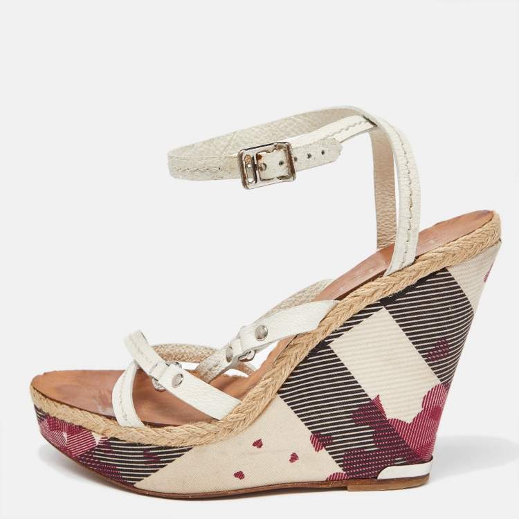 Pre Owned Burberry White Leather Supernova Check Canvas T Strap Wedge Sandals Size 39