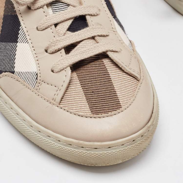 Pre Owned Burberry Beige/Brown Nova Check Canvas and Leather Low Top Sneakers Size 37