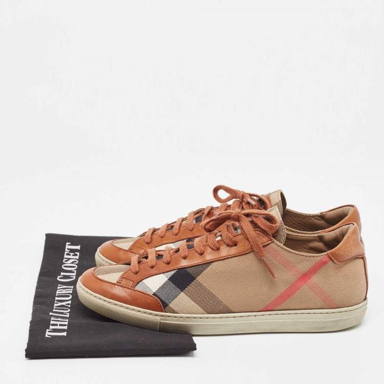 Pre Owned Burberry Brown/Beige Nova Check Canvas and Leather Lace Up Sneakers Size 39