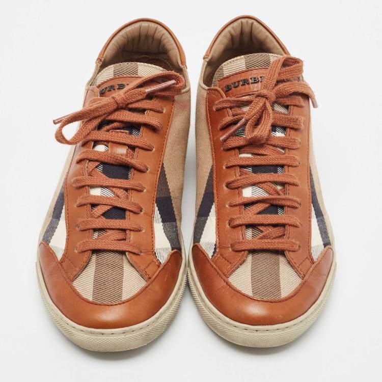 Pre Owned Burberry Brown/Beige Nova Check Canvas and Leather Lace Up Sneakers Size 39