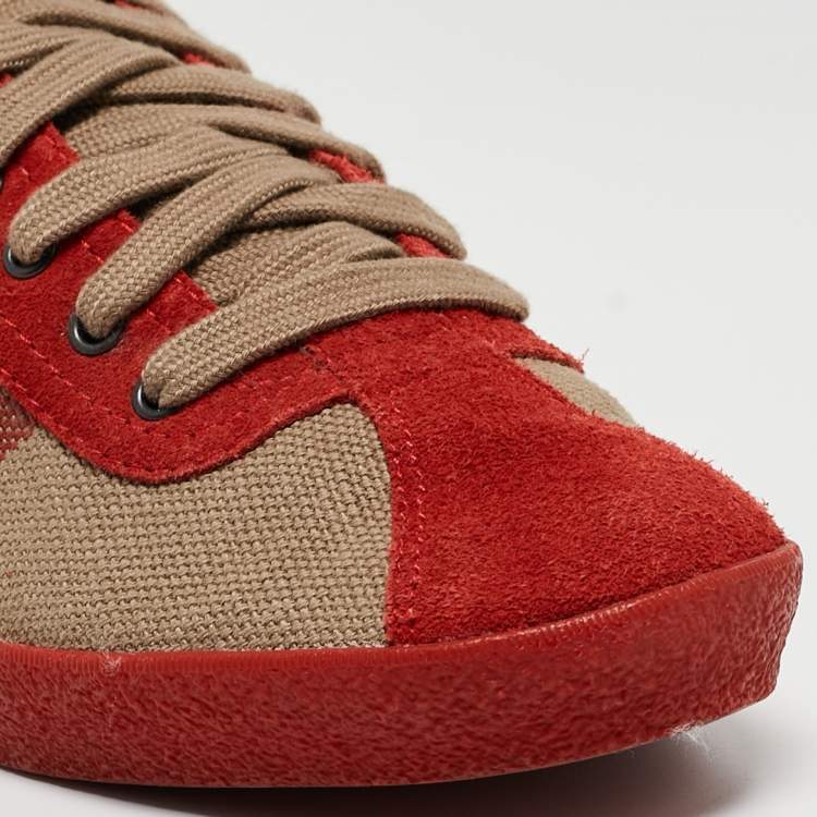 Pre Owned Burberry Red/Brown Suede and Nova Check Canvas Low Top Sneakers Size 37