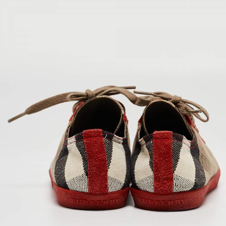 Pre Owned Burberry Red/Brown Suede and Nova Check Canvas Low Top Sneakers Size 37