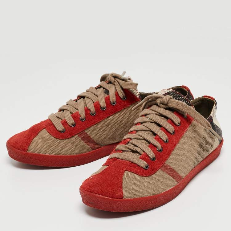 Pre Owned Burberry Red/Brown Suede and Nova Check Canvas Low Top Sneakers Size 37