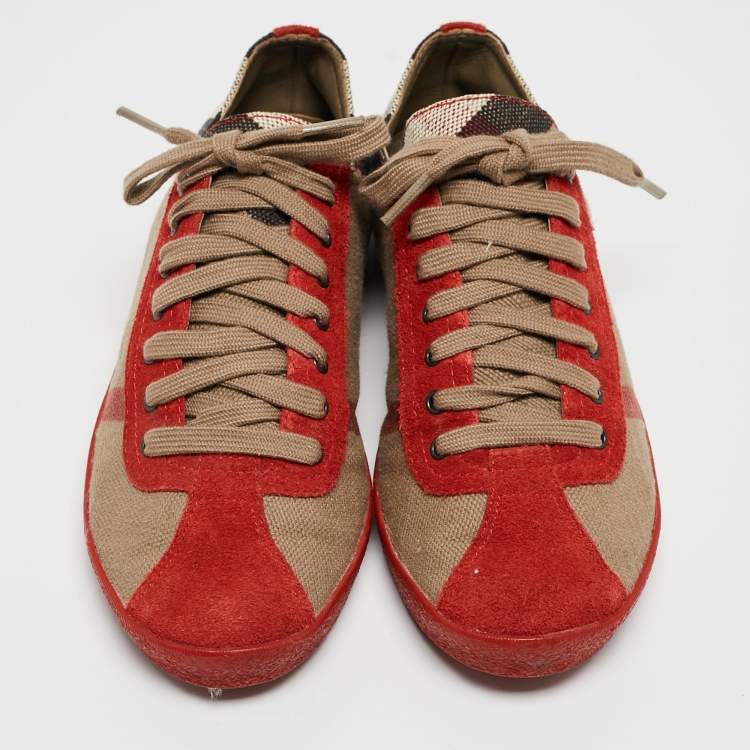 Pre Owned Burberry Red/Brown Suede and Nova Check Canvas Low Top Sneakers Size 37