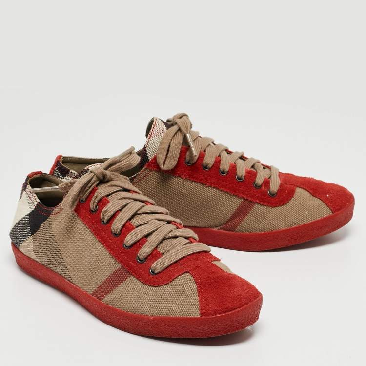 Pre Owned Burberry Red/Brown Suede and Nova Check Canvas Low Top Sneakers Size 37