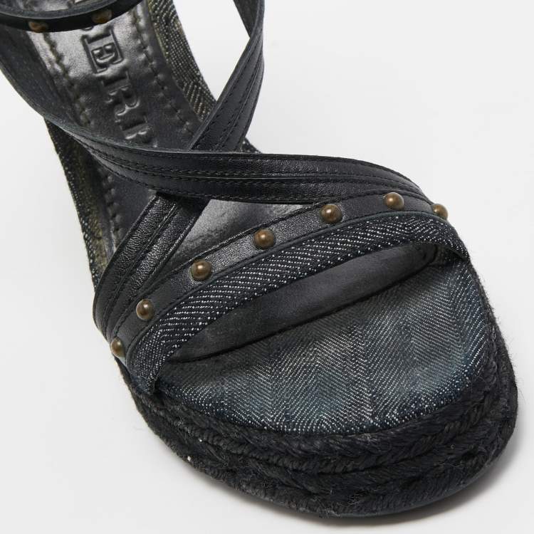 Pre Owned Burberry Black Leather and Denim Studded Platform Wedge Sandals Size 38.5