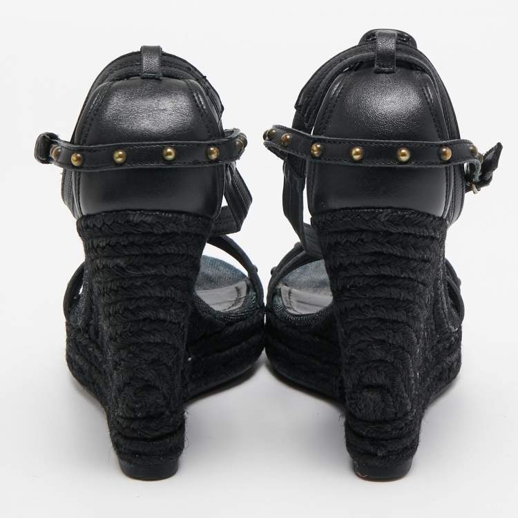 Pre Owned Burberry Black Leather and Denim Studded Platform Wedge Sandals Size 38.5