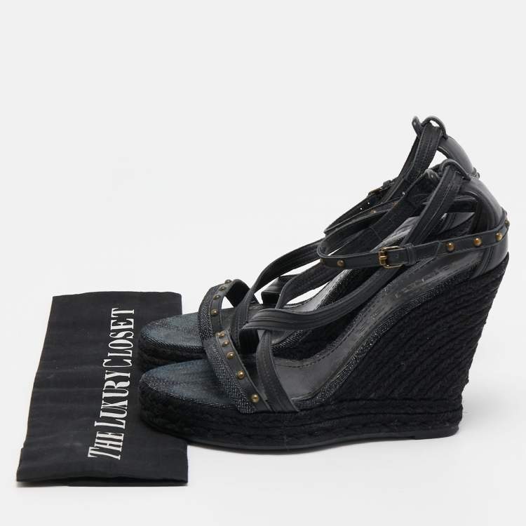 Pre Owned Burberry Black Leather and Denim Studded Platform Wedge Sandals Size 38.5