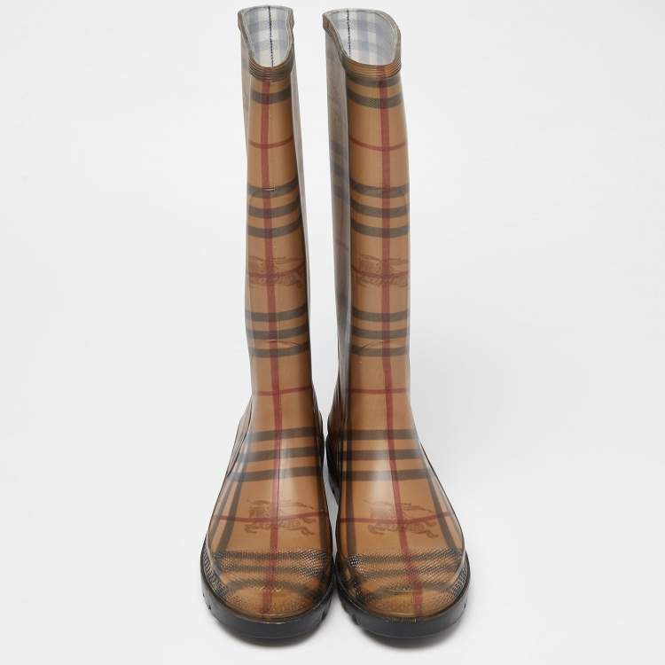 Pre Owned Burberry Beige/Brown Haymarket Check Rubber Rain Boots Size 40