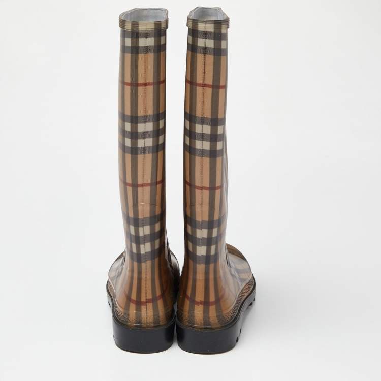 Pre Owned Burberry Beige/Brown Haymarket Check Rubber Rain Boots Size 40