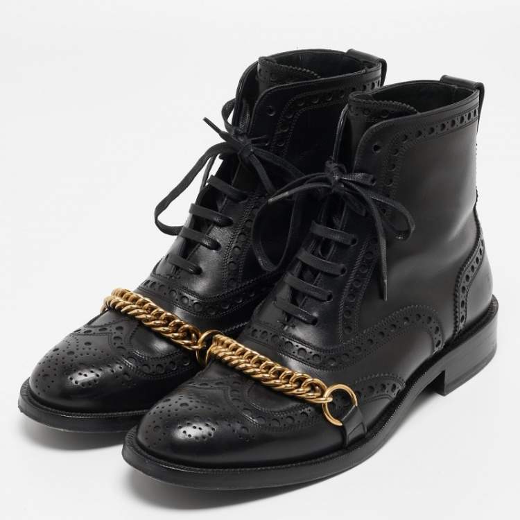 Burberry Black Brogue Leather Barksby Chain Detail Ankle Boots 