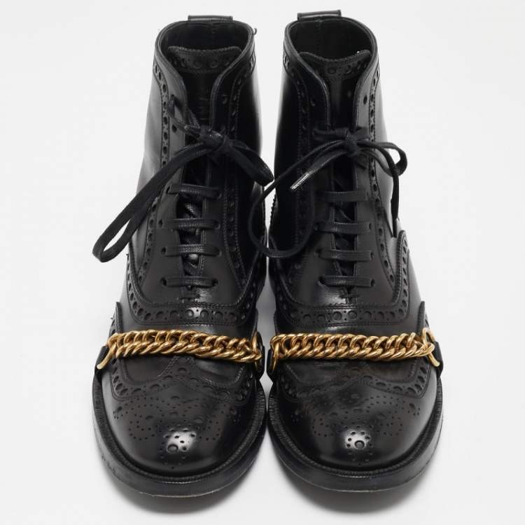 Pre Owned Burberry Black Brogue Leather Barksby Chain Detail Ankle Boots Size 40