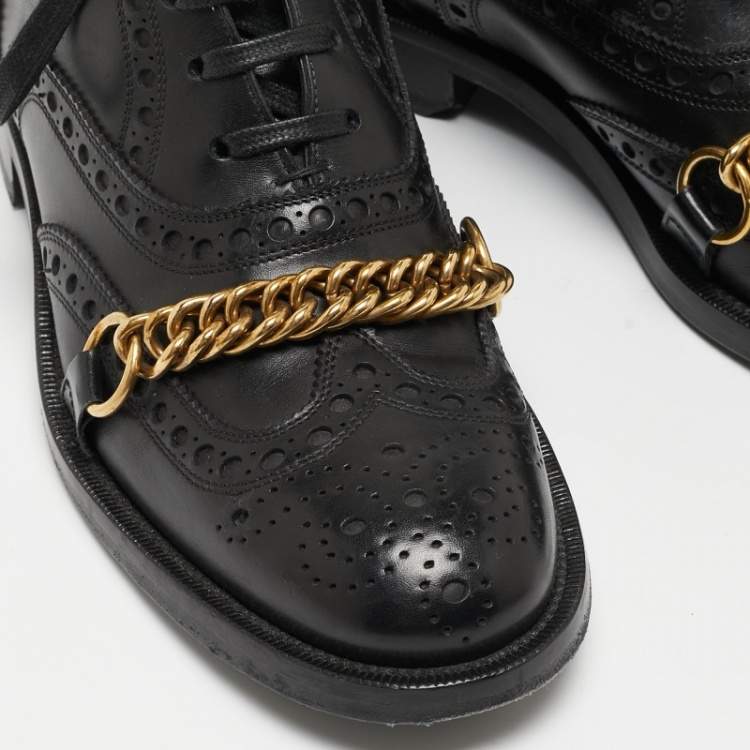 Pre Owned Burberry Black Brogue Leather Barksby Chain Detail Ankle Boots Size 40