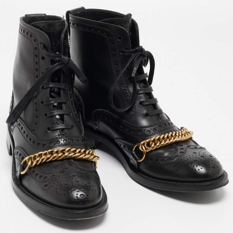 Pre Owned Burberry Black Brogue Leather Barksby Chain Detail Ankle Boots Size 40