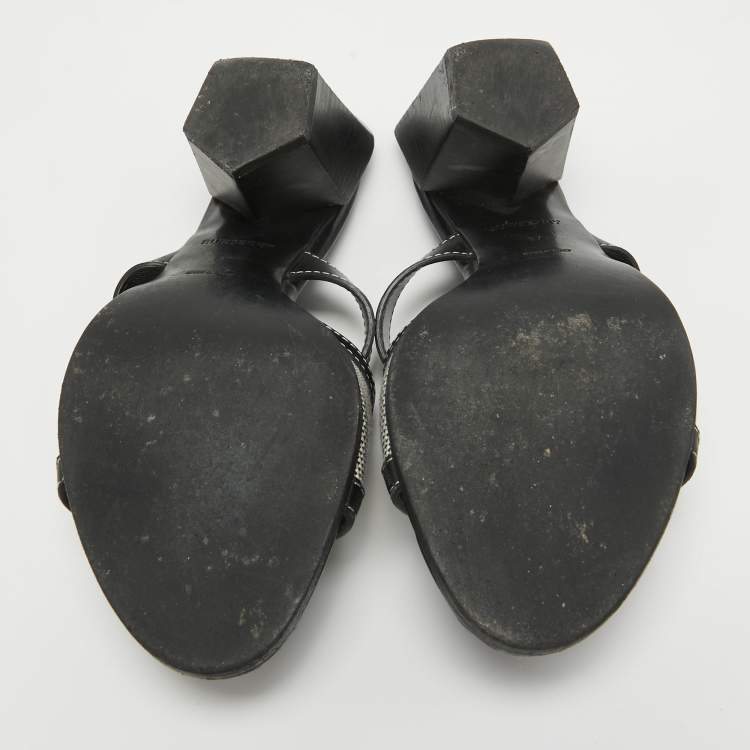 Pre Owned Burberry Black Leather and Canvas Honour Slide Sandals Size 37