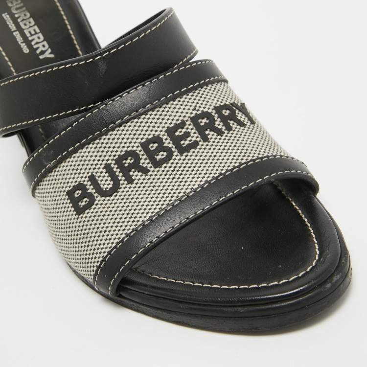 Pre Owned Burberry Black Leather and Canvas Honour Slide Sandals Size 37
