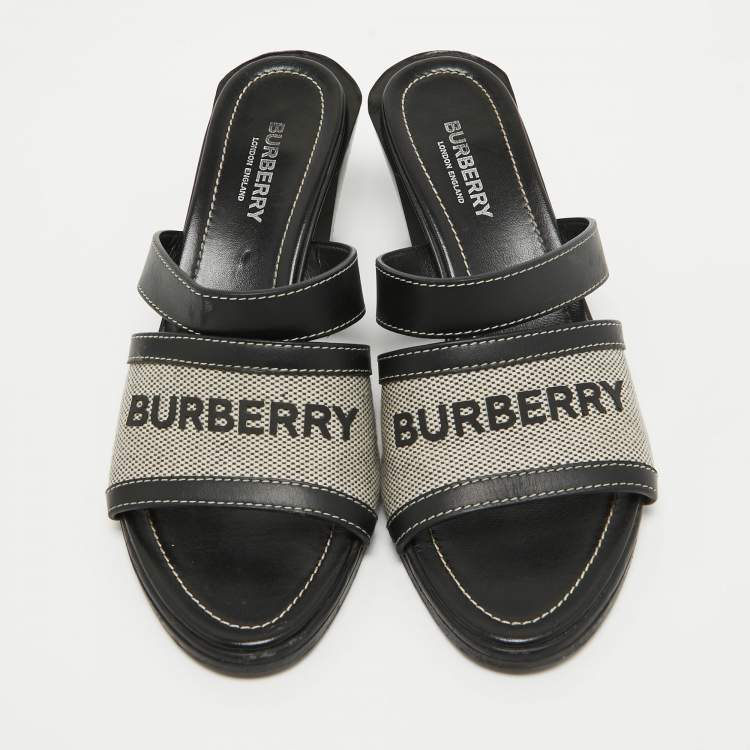 Pre Owned Burberry Black Leather and Canvas Honour Slide Sandals Size 37