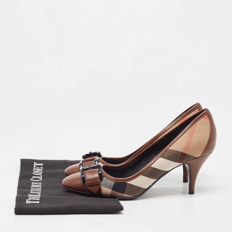 Pre Owned Burberry Brown/Beige Leather and House Check Canvas Buckle Detail Pumps Size 36
