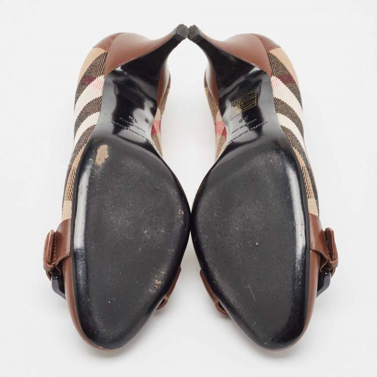 Pre Owned Burberry Brown/Beige Leather and House Check Canvas Buckle Detail Pumps Size 36