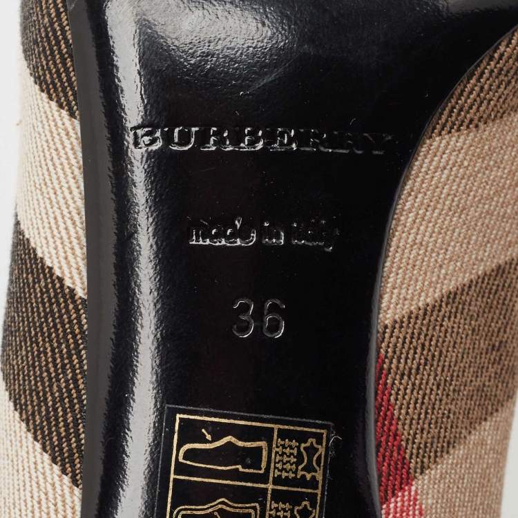Pre Owned Burberry Brown/Beige Leather and House Check Canvas Buckle Detail Pumps Size 36