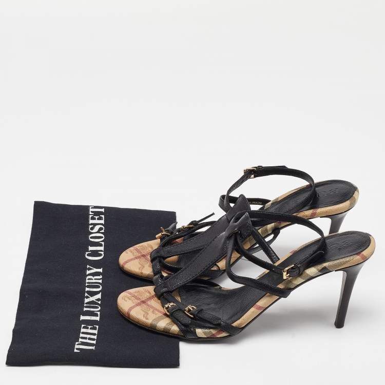 Pre Owned Burberry Black Leather T-Bar Ankle Strap Sandals Size 39