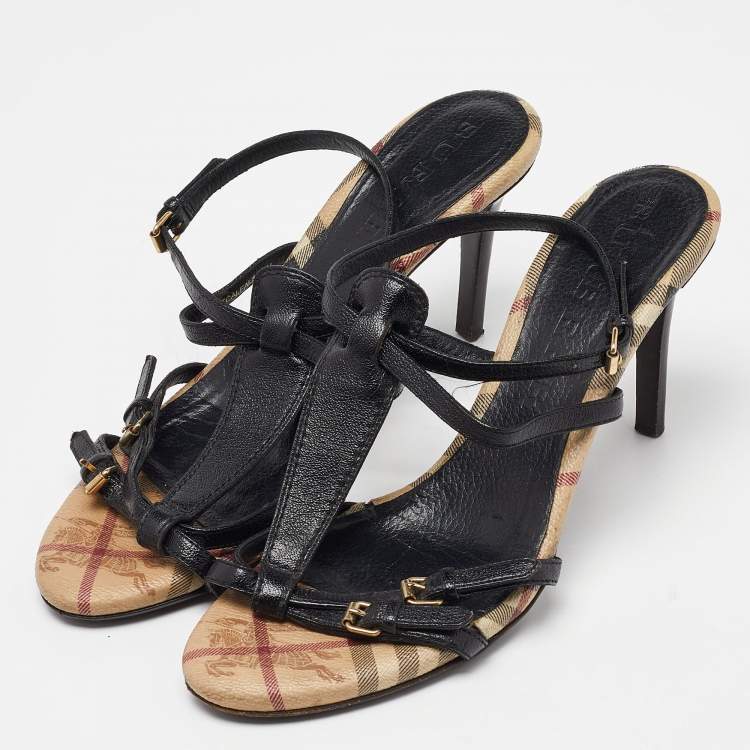 Pre Owned Burberry Black Leather T-Bar Ankle Strap Sandals Size 39